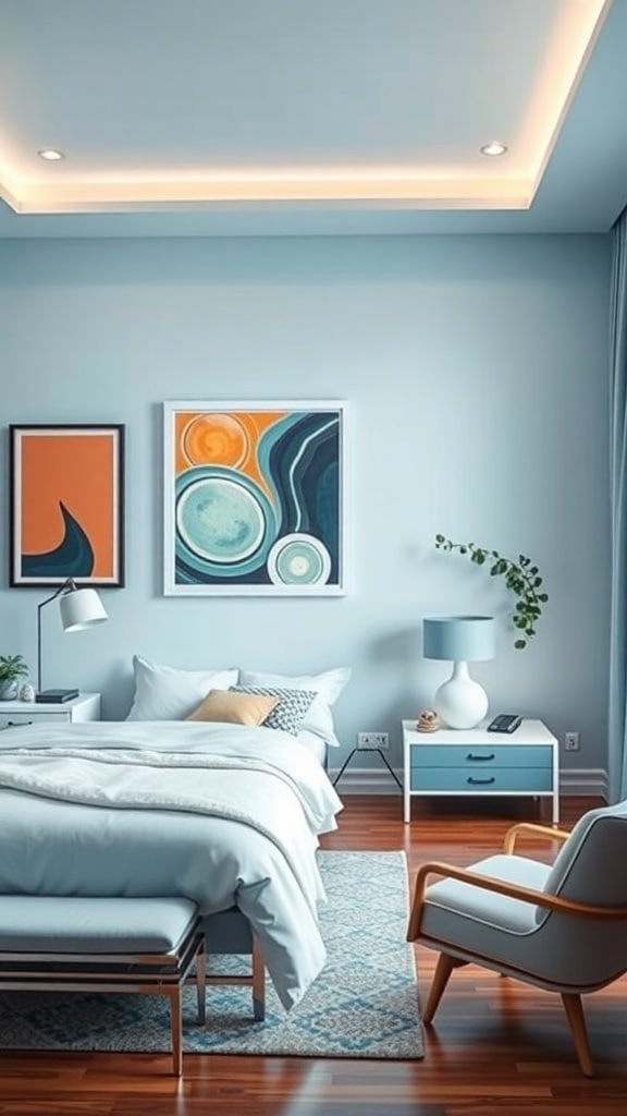 A serene light blue bedroom featuring contemporary art on the walls, a cozy bed, and stylish furniture.