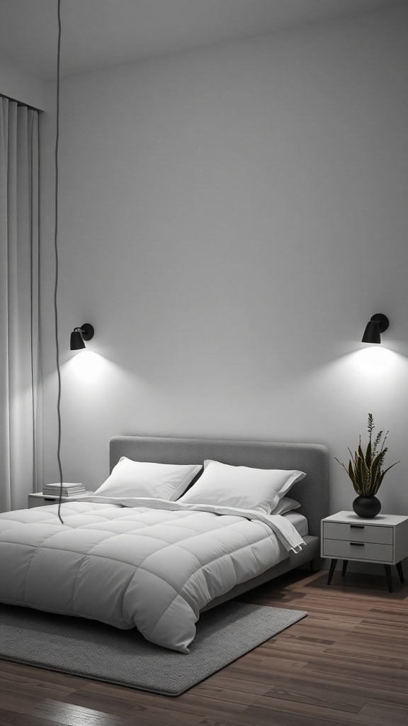 A minimalist black and white bedroom featuring sleek black wall sconces and a white comforter.