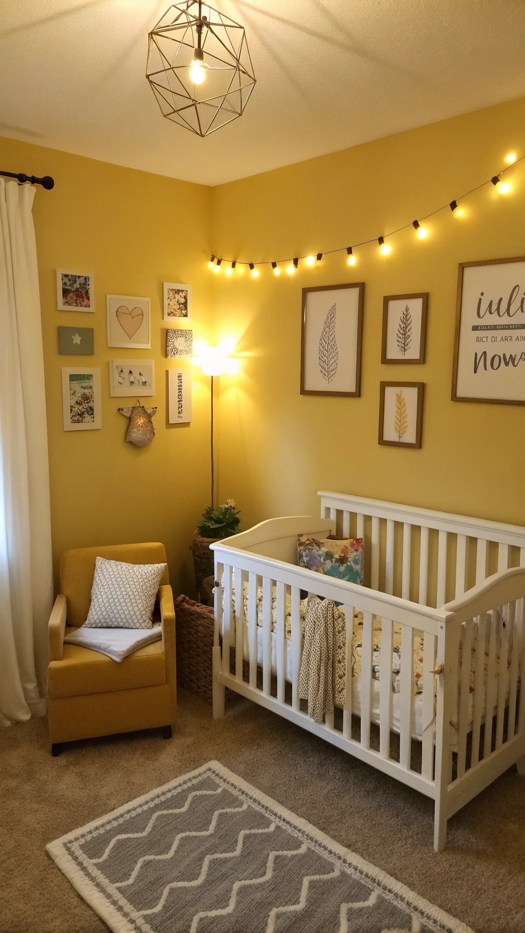 A cozy nursery featuring mustard yellow walls, a geometric pendant light, a standing lamp, and string lights.