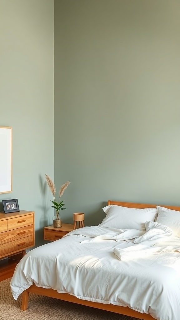 A cozy bedroom with soft sage green walls, a wooden bed frame, and a plant on the nightstand.
