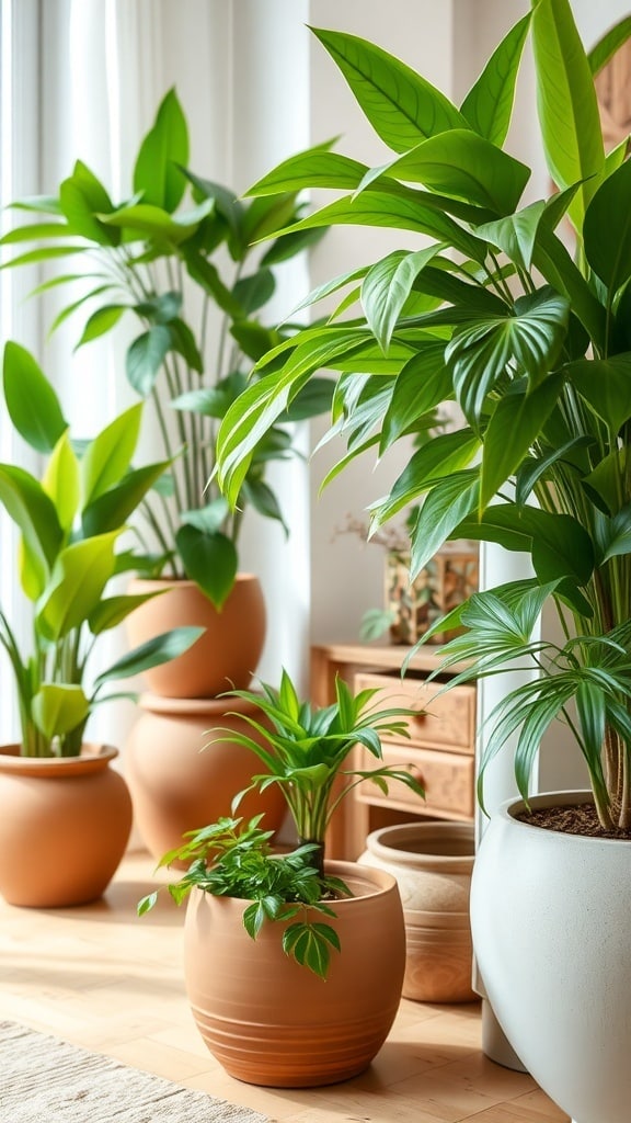 A collection of lush green plants in terracotta pots arranged in a bright living room.