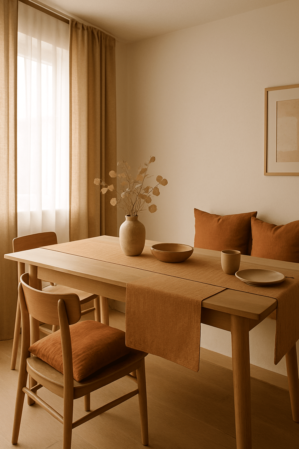 A cozy dining room featuring caramel-toned textiles, including curtains, table runner, and cushions, with a natural wood table and vase of dried flowers.