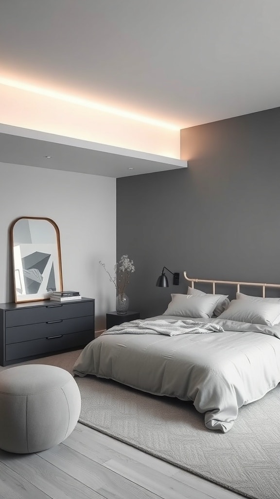 A modern gray bedroom featuring a bed with gray linens, a gray pouf, and a sleek dresser with a mirror.