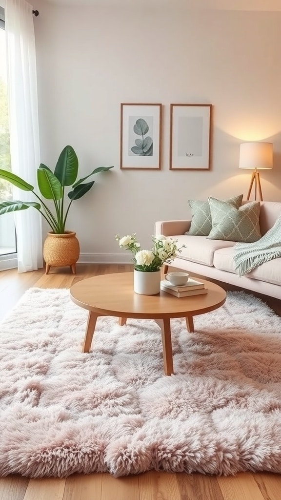 A cozy living room featuring a blush pink area rug, a round coffee table, and a plant, creating a warm and inviting atmosphere.