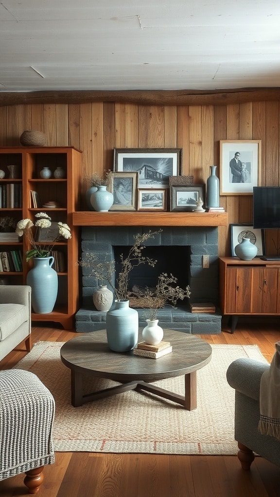 A rustic living room featuring dusty blue decor accents, wooden furniture, and a cozy atmosphere.