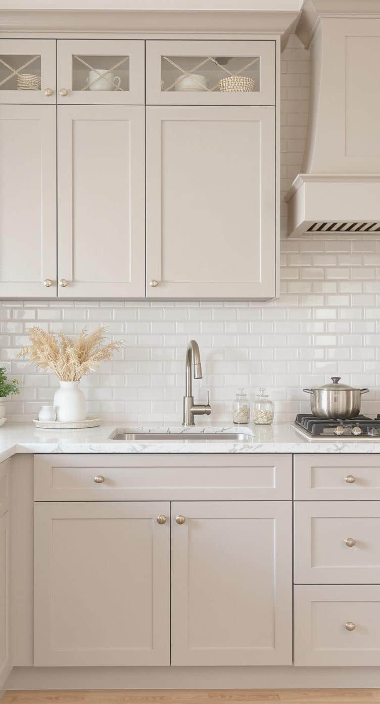 A kitchen featuring greige cabinets, a light backsplash, and a marble countertop, with decorative elements like dried flowers.