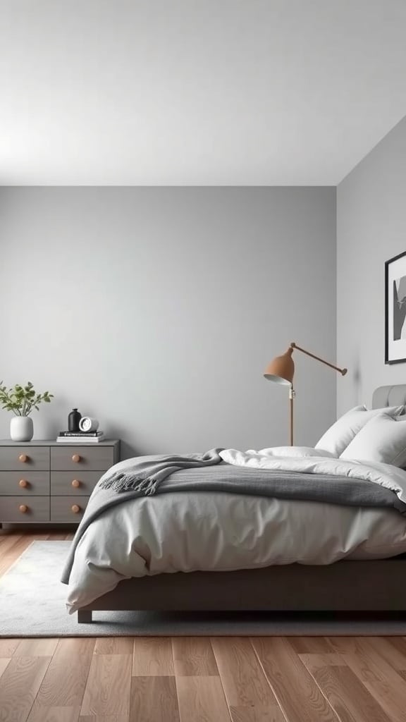 A neutral gray bedroom featuring a bed with soft bedding, a stylish nightstand, and warm lighting.