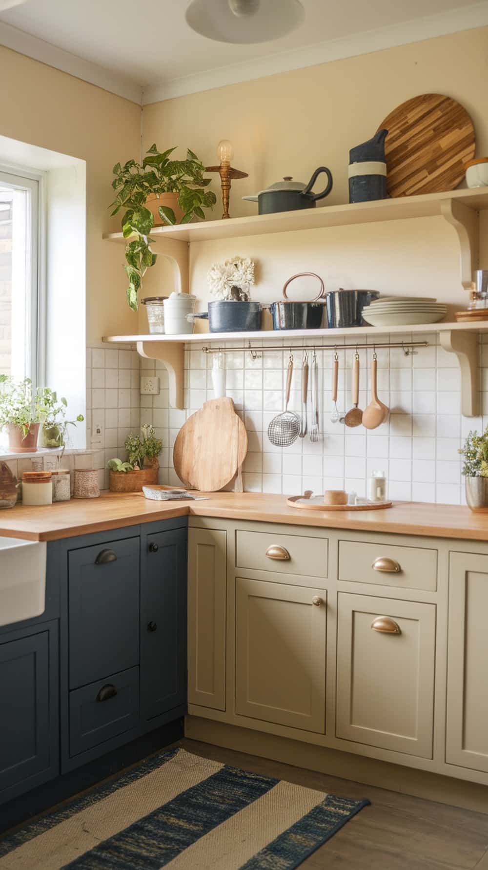 Cozy kitchen featuring accessible beige cabinets with navy accents, wooden countertop, and open shelving