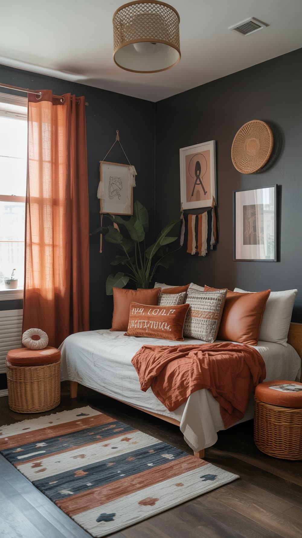 Cozy boho dorm room with charcoal gray walls, earthy accents, and warm tones.