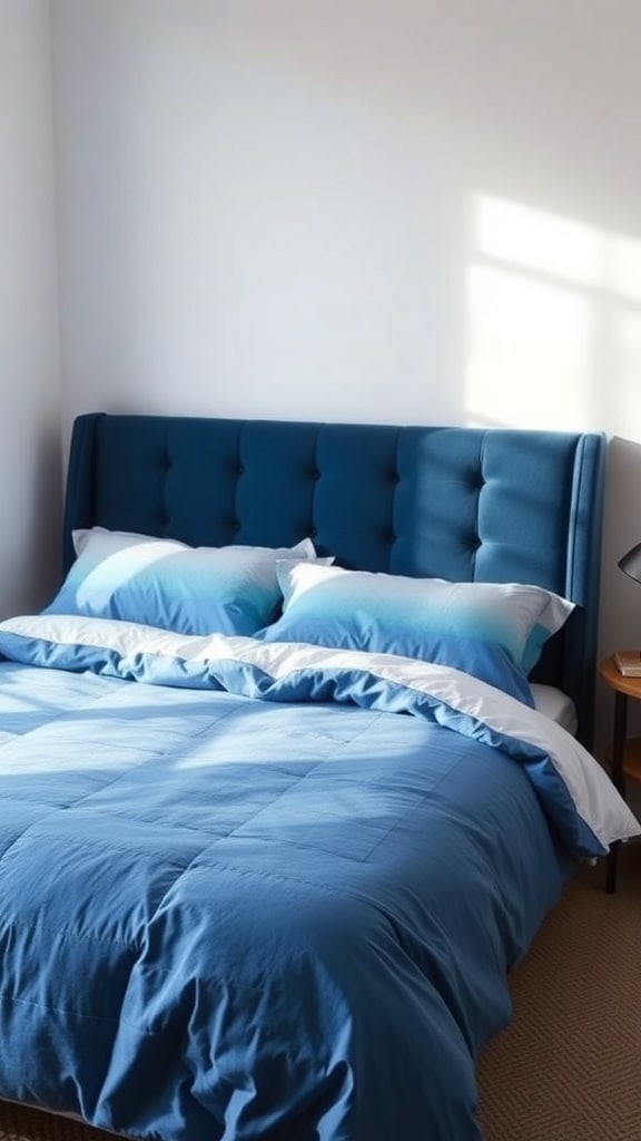 A cozy bedroom featuring blue ombre bedding with a tufted headboard.