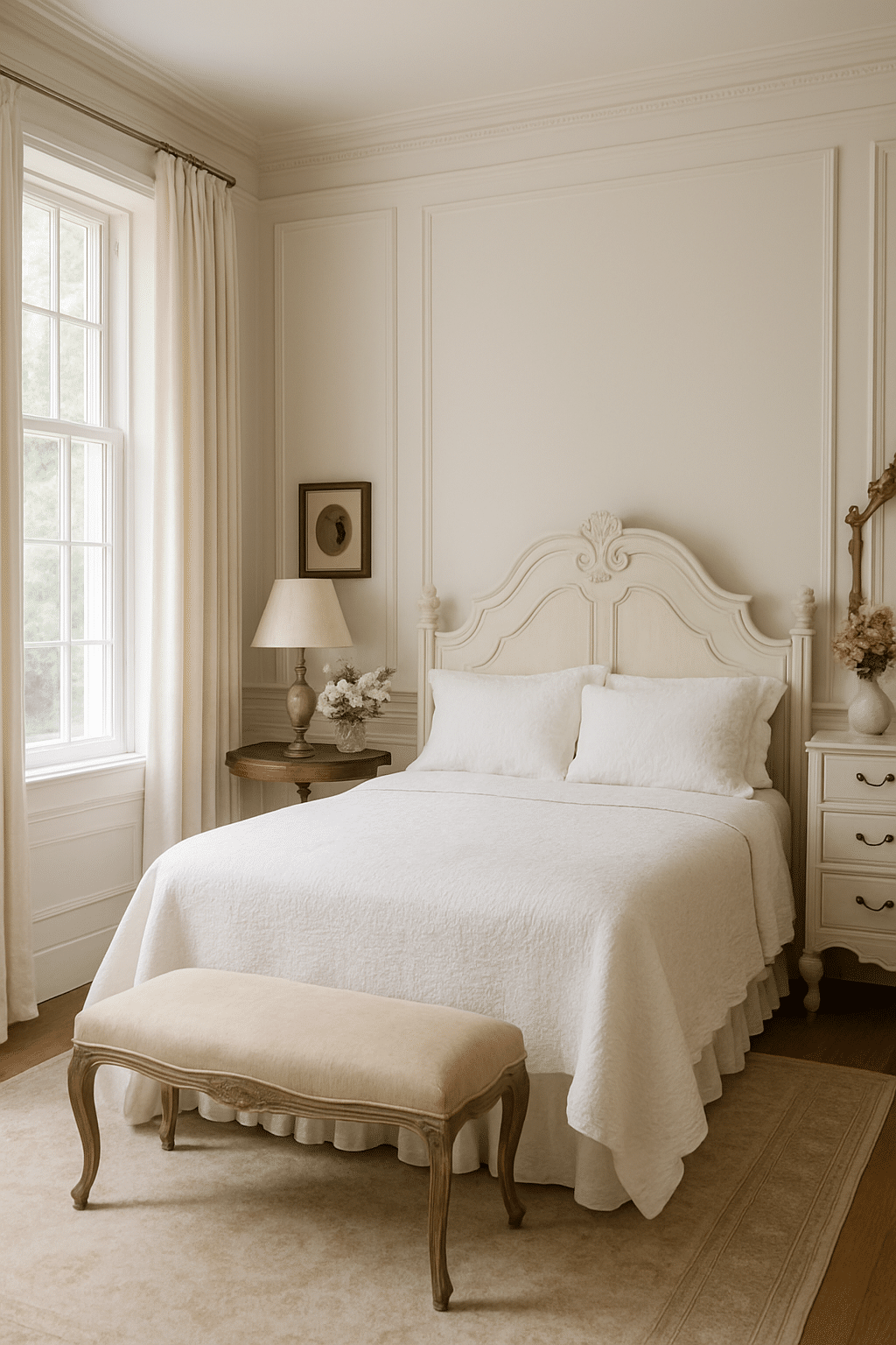 A traditional white bedroom featuring a plush bed, elegant headboard, and natural light from a large window.