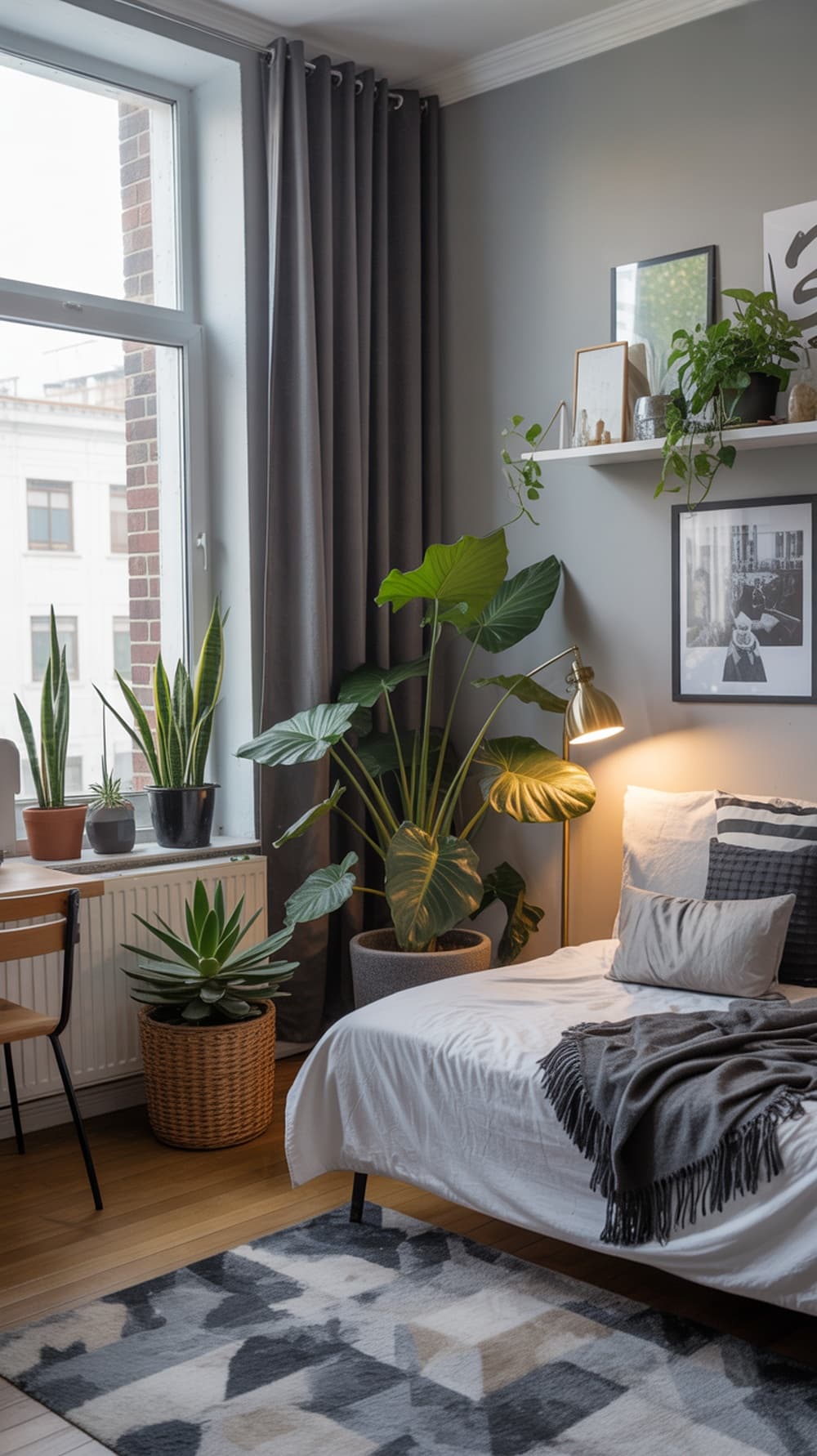A cozy dorm room featuring a bed, indoor plants, and gray walls