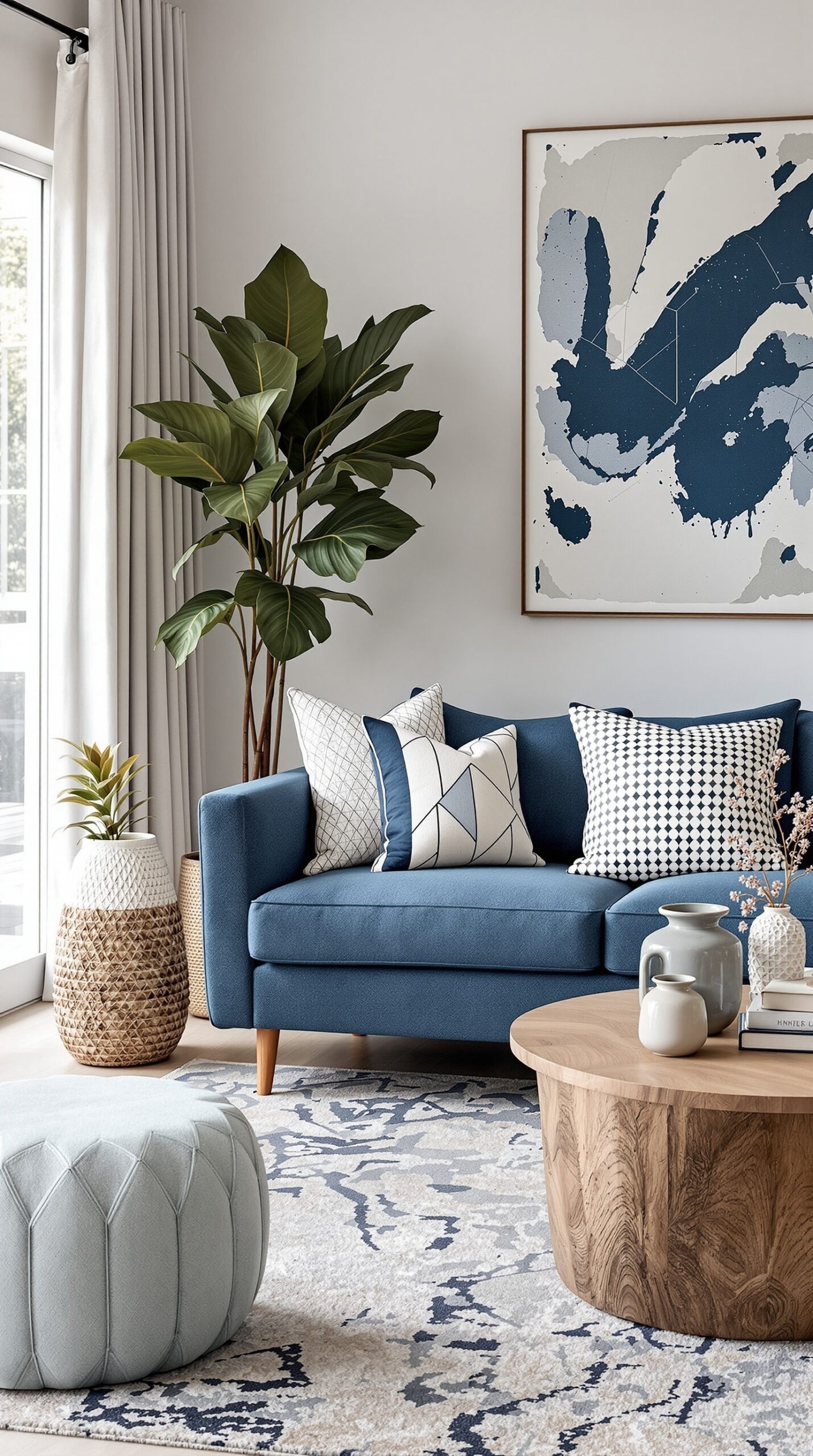 Mid-century living room with slate blue sofa, patterned pillows, and geometric rug.