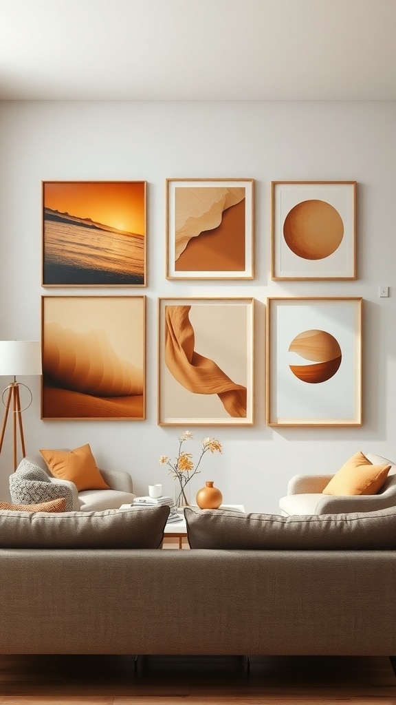 A minimalist living room featuring curated art pieces in warm caramel tones.