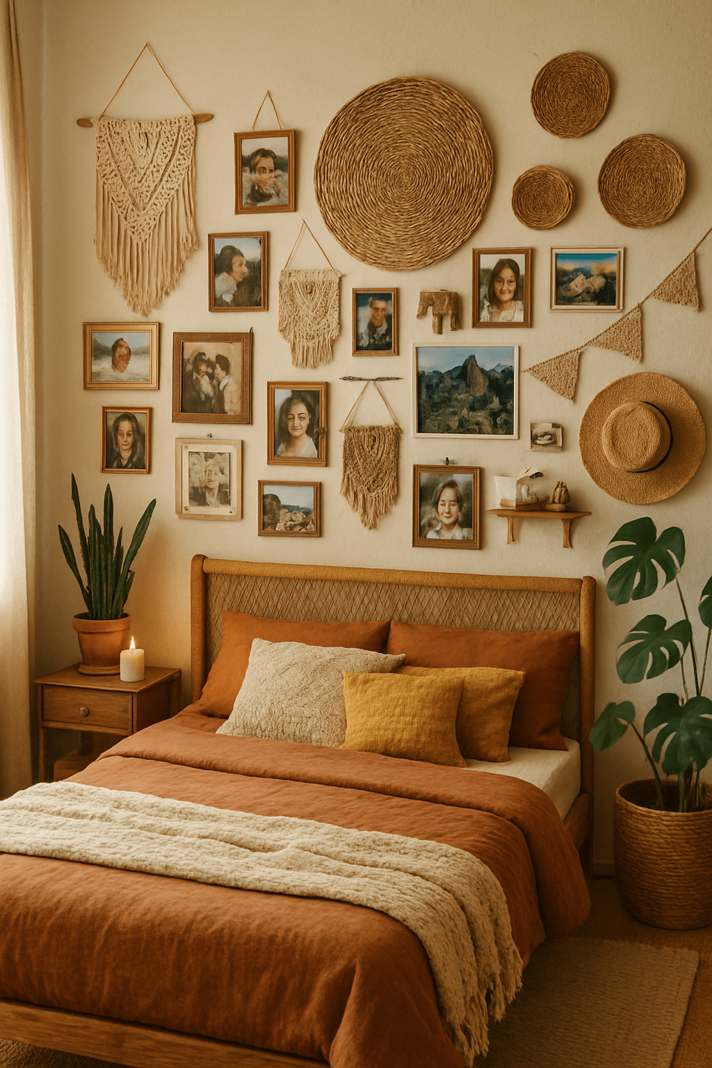 A cozy boho bedroom with a warm color palette, featuring framed photos, woven art, and a plant.
