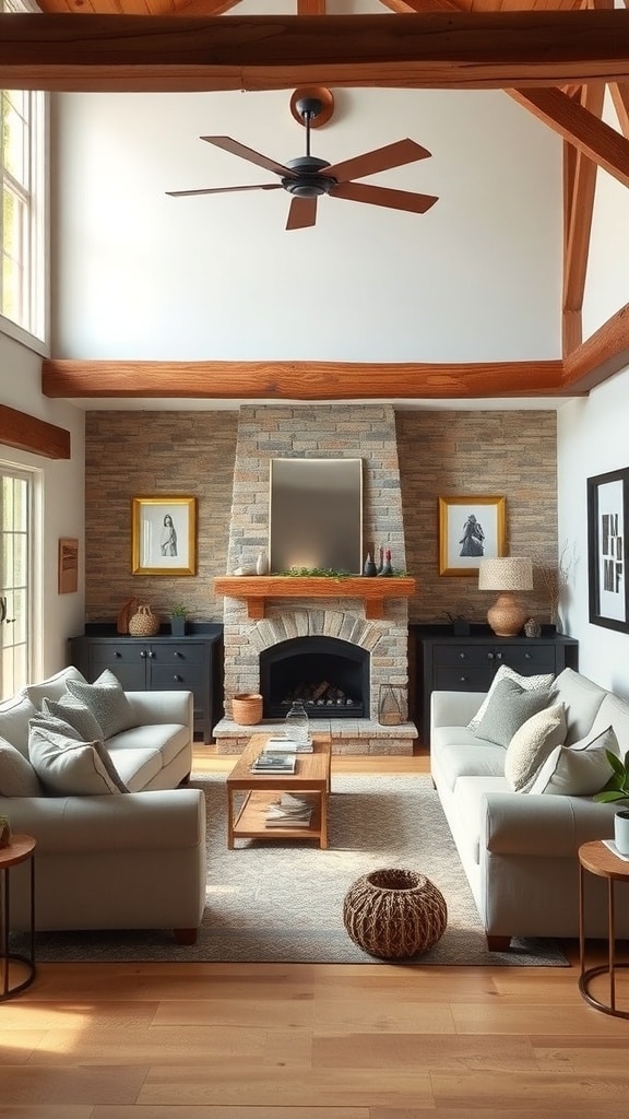 A rustic living room featuring taupe accents, wooden beams, and a stone fireplace.