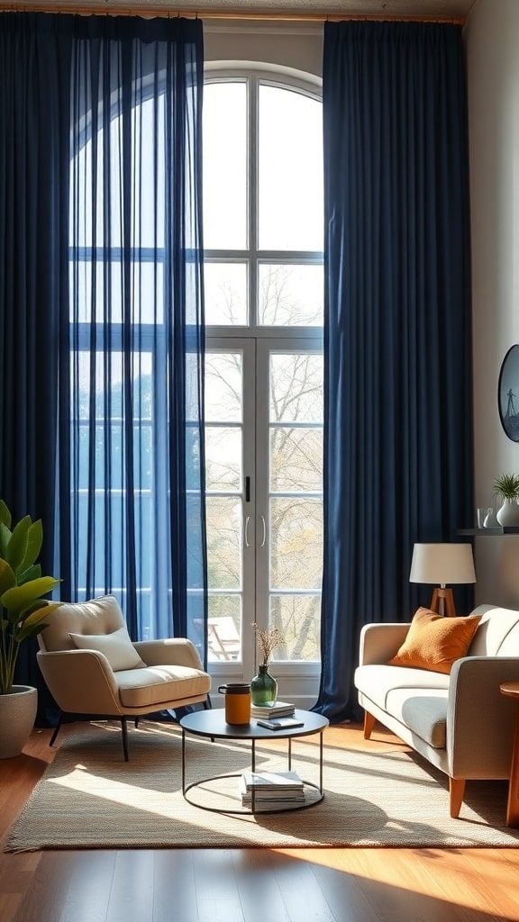A living room featuring navy blue curtains, light furniture, and a cozy atmosphere.