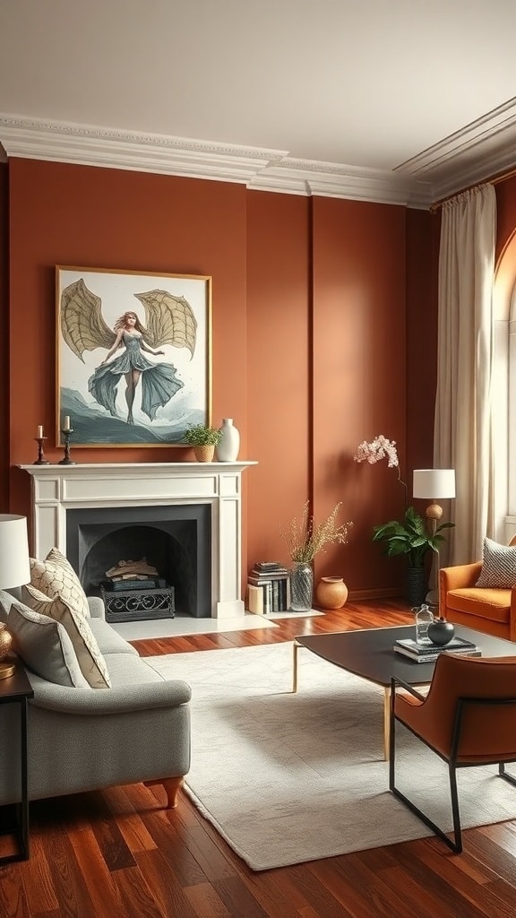 A living room featuring burnt sienna walls, elegant decor, and a cozy atmosphere.