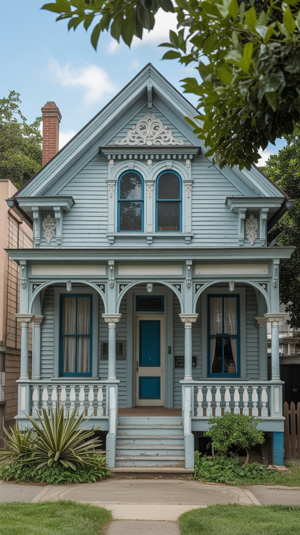 A vintage house with a dusty blue exterior, featuring intricate architectural details and a welcoming porch.