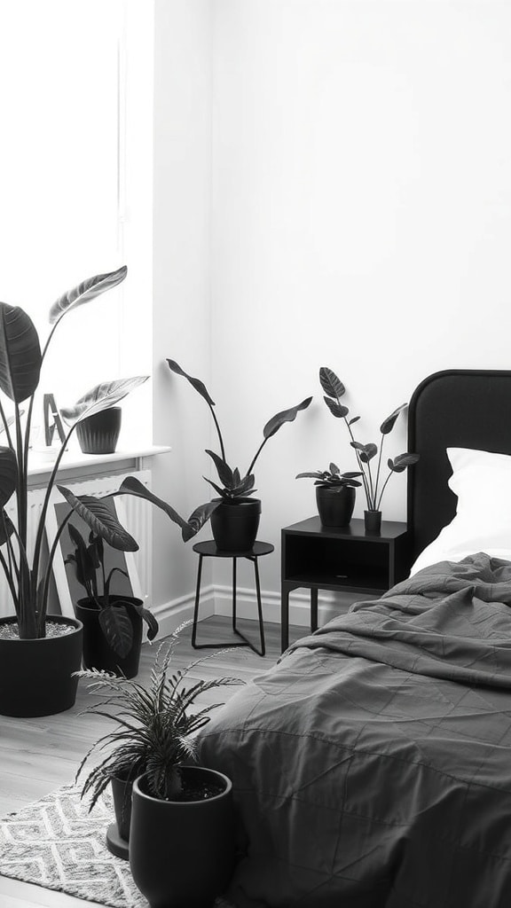 A minimalist black and white bedroom featuring various plants in black pots, enhancing the decor.