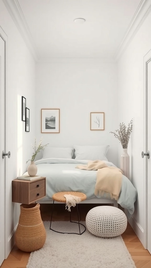 A small, calming white bedroom featuring a light blue bedspread, framed artwork, and cozy decor elements.
