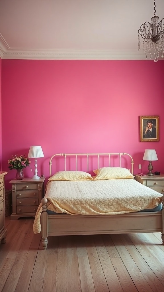 A bedroom featuring a vibrant pink accent wall, yellow bedding, and vintage furniture.