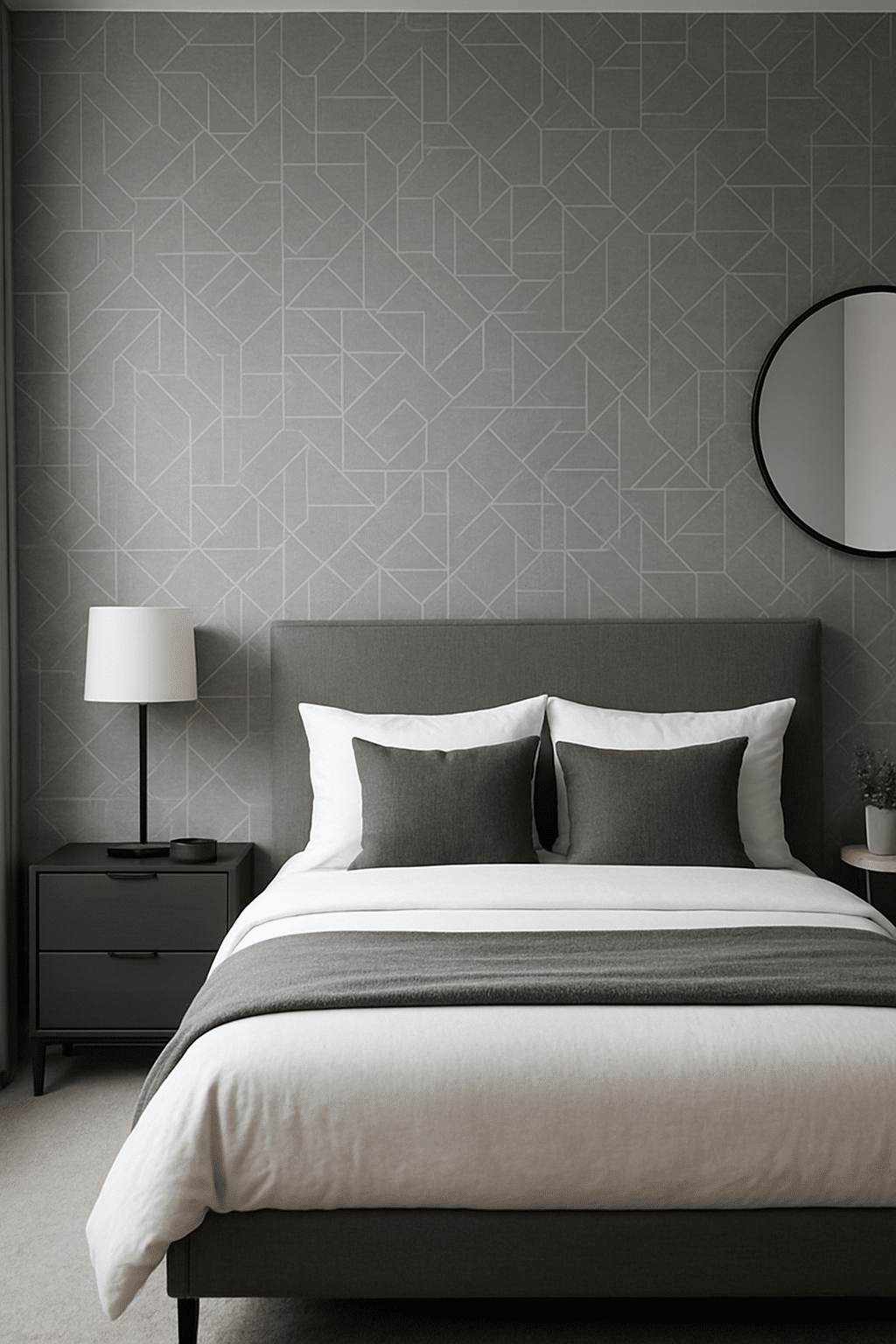 Modern gray bedroom with geometric patterned wall, bed with gray and white linens, and stylish decor.