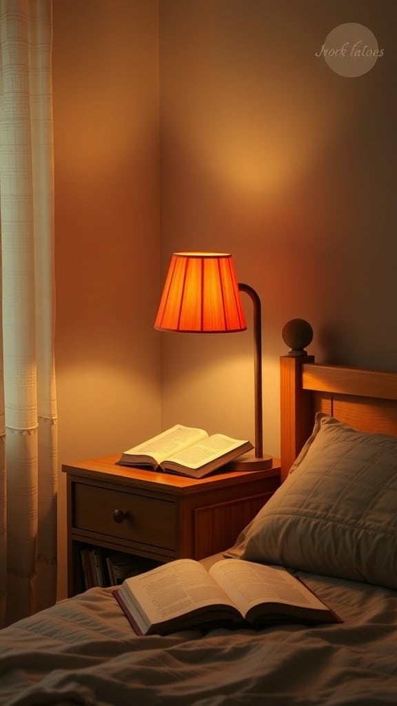 A cozy bedroom with orange accented lighting from a bedside lamp, featuring an open book on a nightstand.