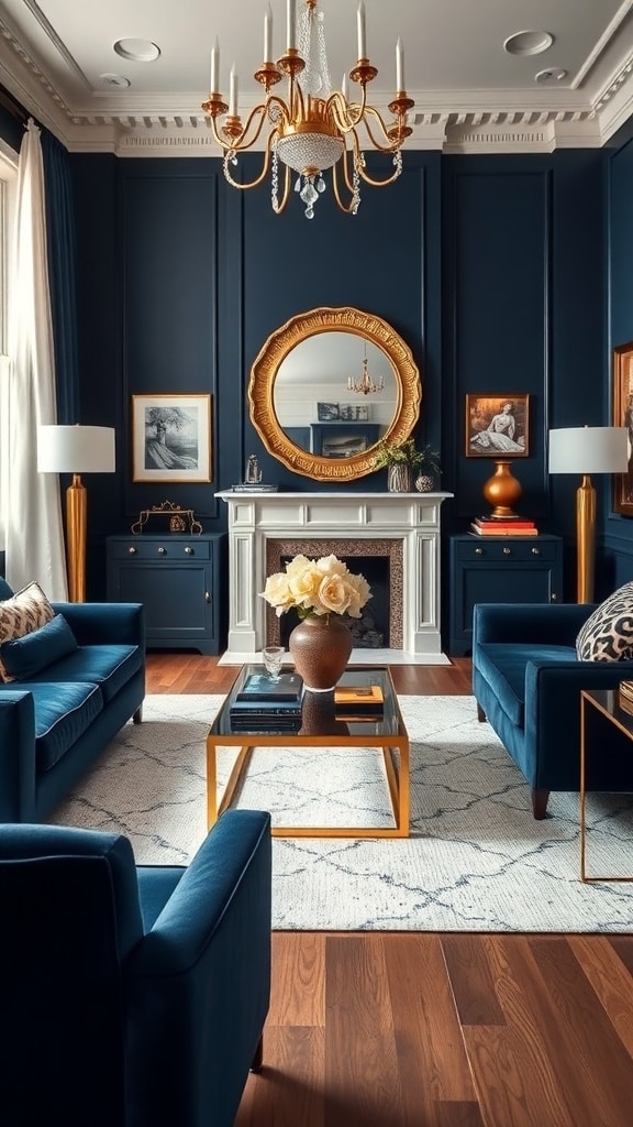 A stylish living room featuring navy blue walls, gold accents, and plush navy sofas.