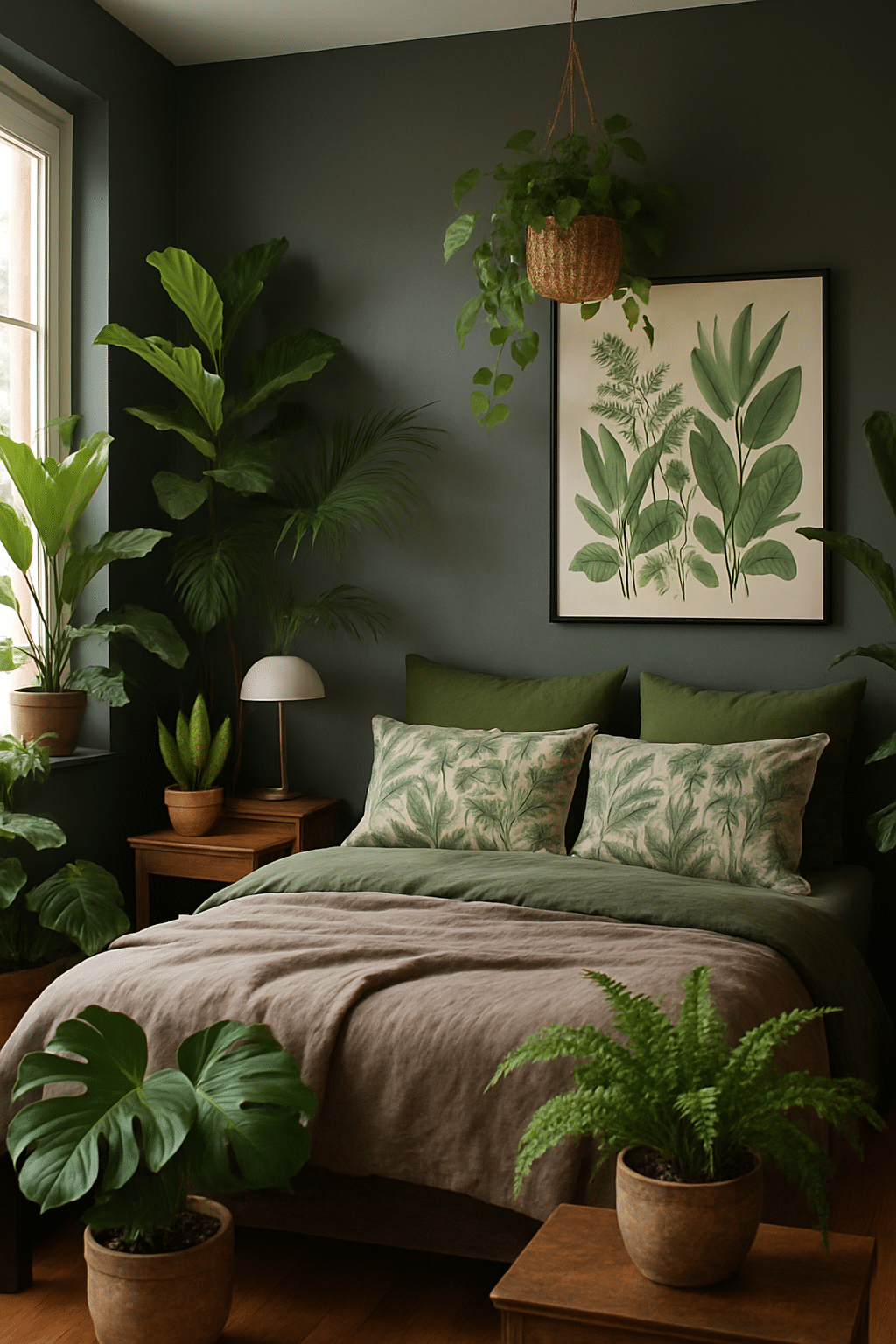 A modern bedroom featuring dark green walls, gray bedding, and various indoor plants.