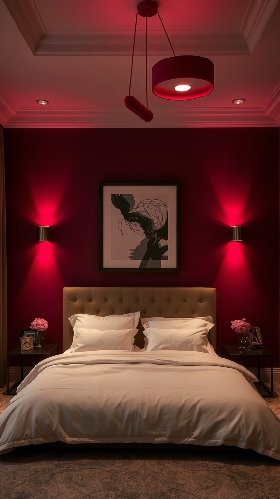 Cozy bedroom with burgundy walls and modern lighting fixtures