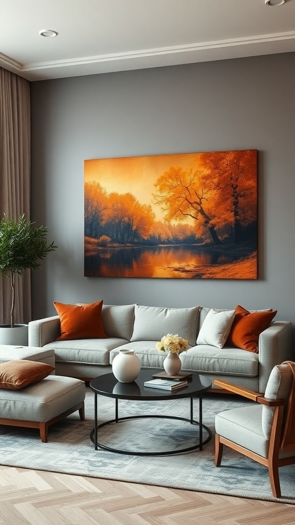 A living room featuring a burnt sienna painting on the wall, with a cozy couch and modern decor.