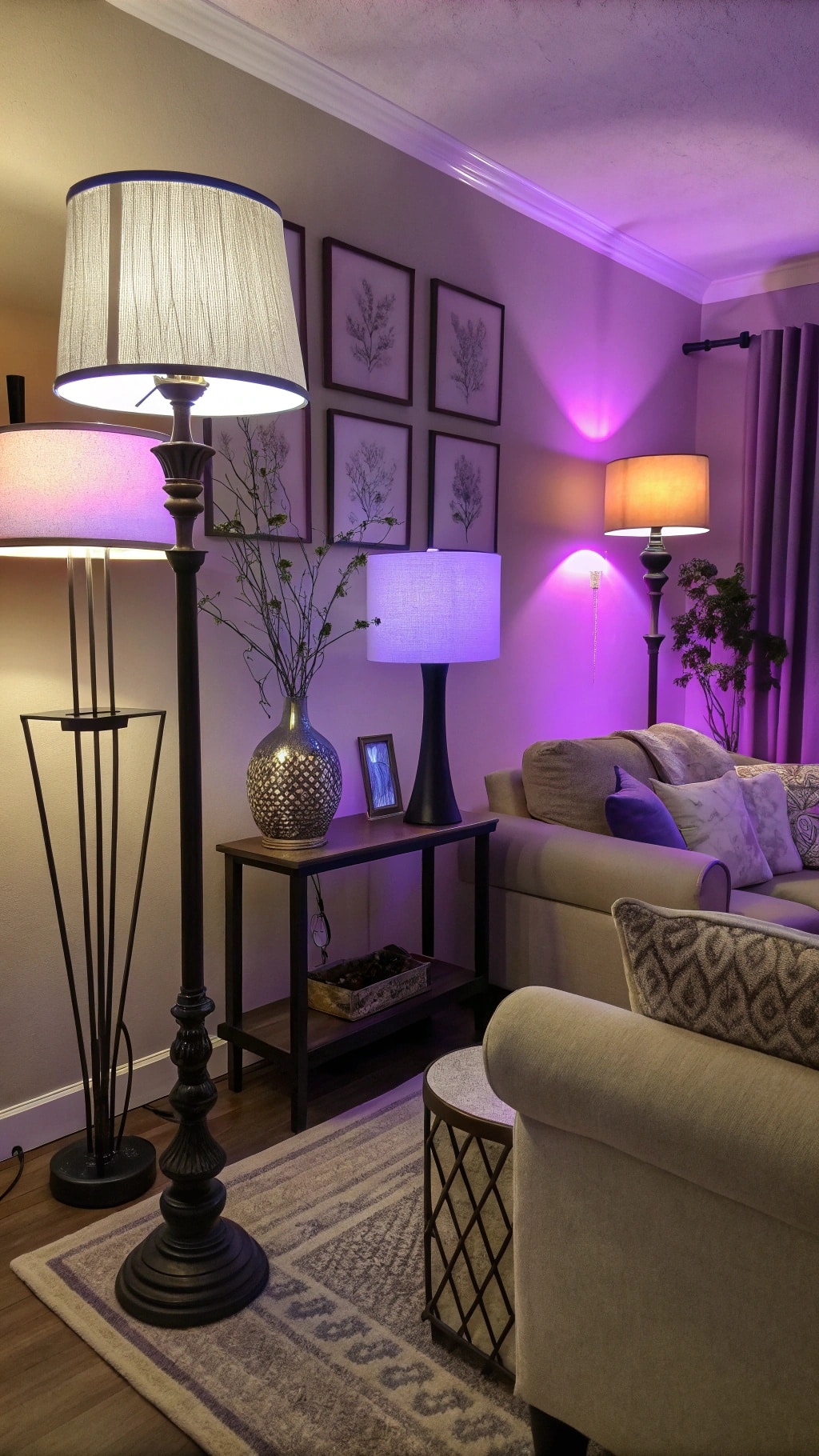 A cozy lavender living room with layered lighting from floor and table lamps, creating a warm and inviting atmosphere.