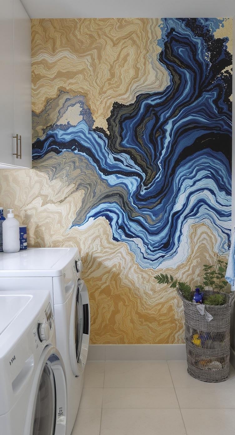 A laundry room with a large mural featuring swirling blue and earthy tones on the wall, complemented by white appliances and a woven basket.