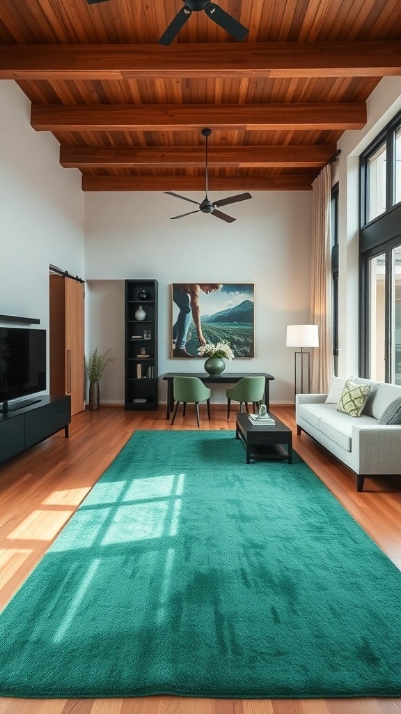 A modern living room featuring an emerald green area rug, light gray sofa, and wooden ceiling.