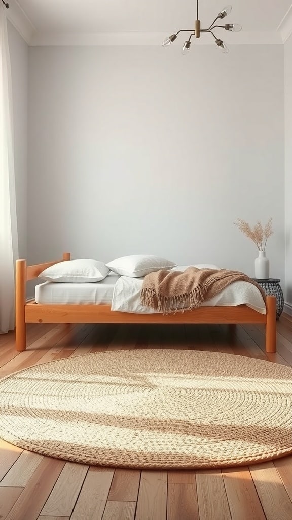 A cozy bedroom featuring a wooden bed frame, white bedding, and a round natural fiber rug on a wooden floor.