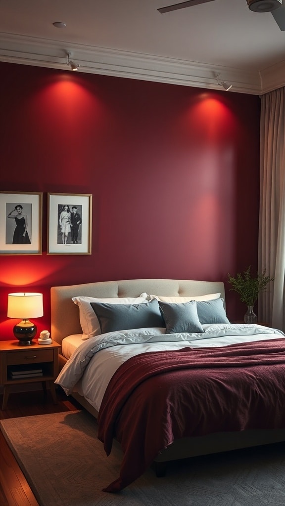 A cozy bedroom featuring a rich burgundy accent wall, soft bedding, and framed artwork.