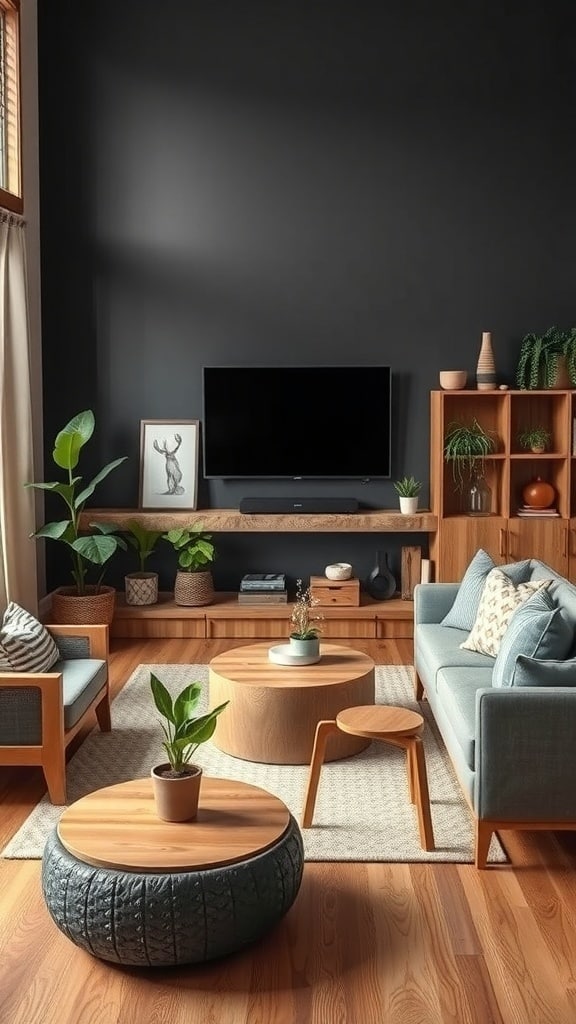 A cozy living room with charcoal gray walls, wooden furniture, and plants.