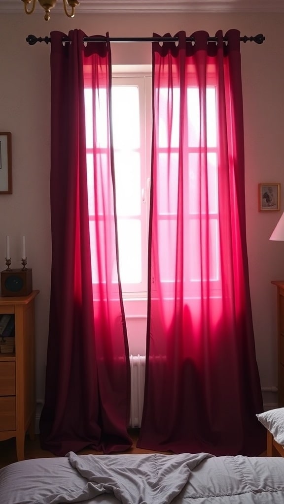 Sheer burgundy curtains hanging in a bedroom, allowing light to filter through while providing privacy.