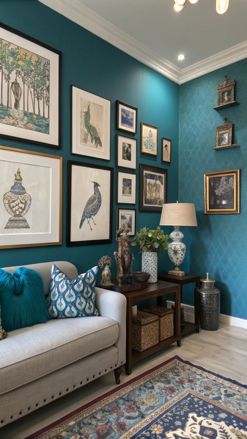 Living room with peacock blue walls and artistic decor featuring peacock motifs and blue tones.