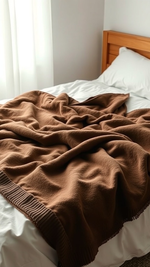 A cozy chocolate brown throw blanket draped over a bed with white bedding.