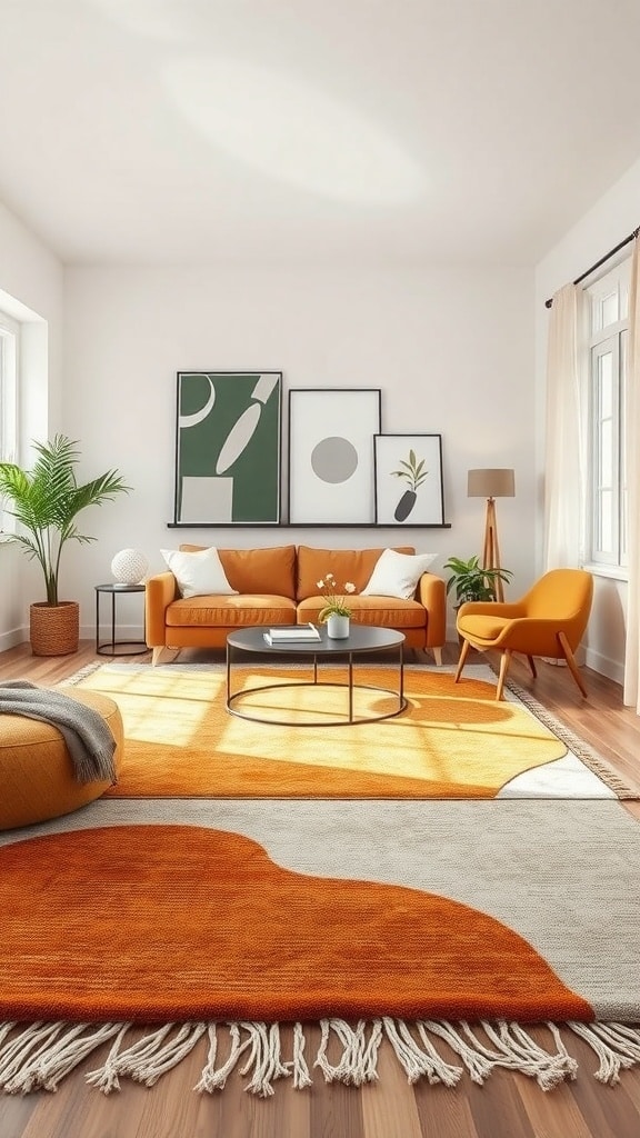 A cozy living room featuring layered rugs in earthy ochre and yellow tones, with an orange sofa and plants.
