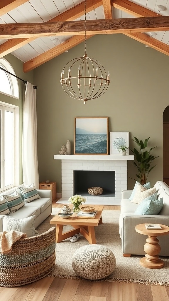 A stylish olive green living room with coastal decor, featuring light furniture, large windows, and natural elements.