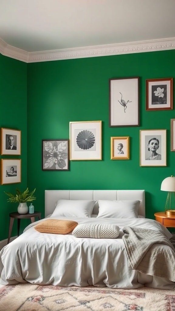 A cozy bedroom featuring a vibrant green accent wall with framed art, a neatly made bed, and a side table with plants.