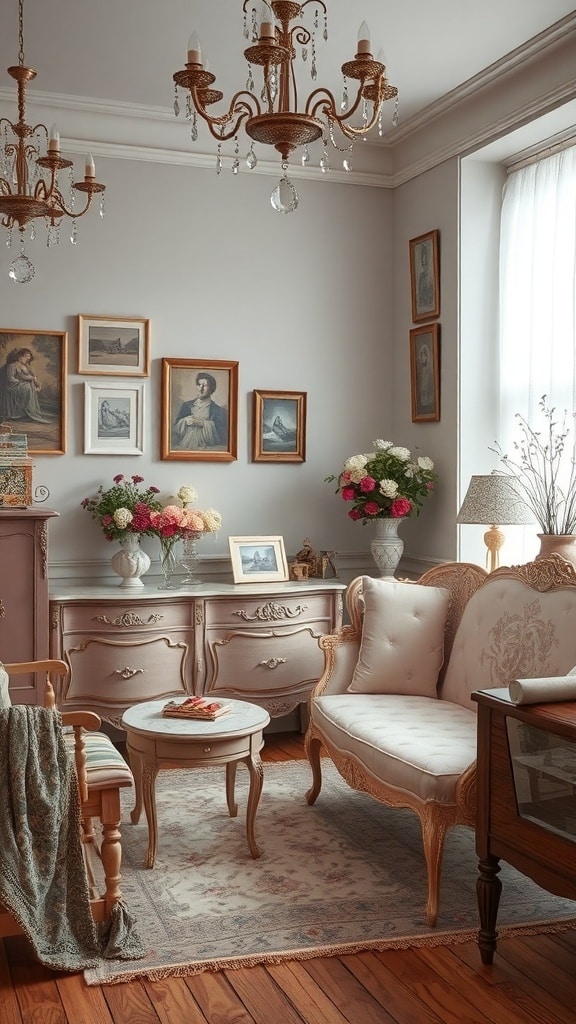 A vintage pink bedroom featuring antique furniture, a chandelier, and floral decorations.