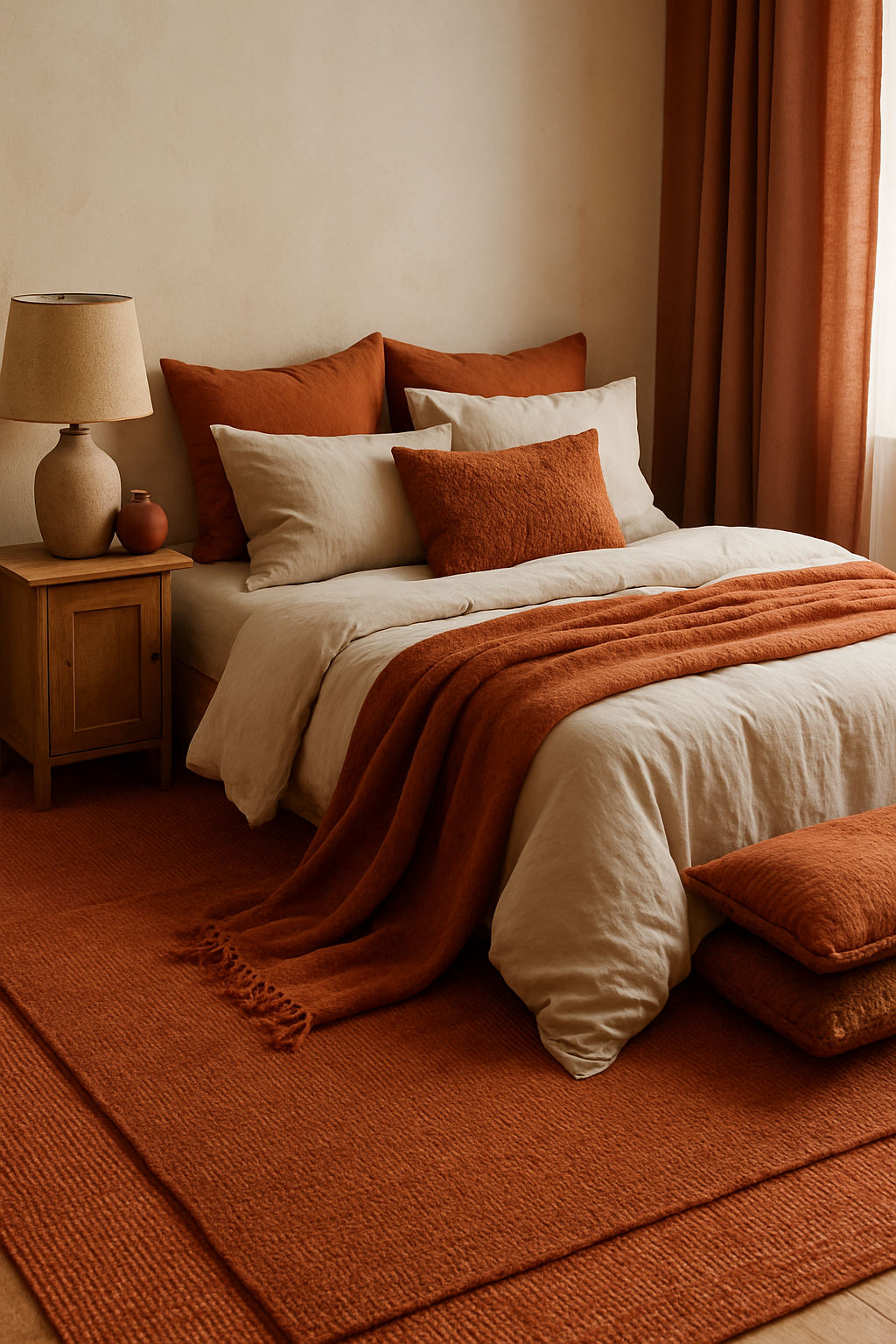 Cozy bedroom with burnt sienna color scheme, featuring layered textures in bedding and decor.