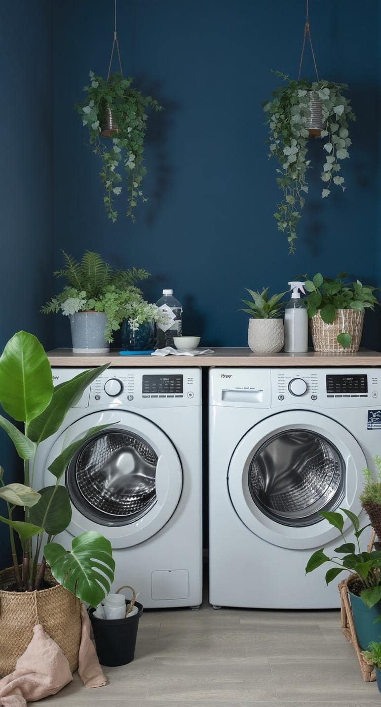 Laundry room with indigo walls and various indoor plants enhancing the decor