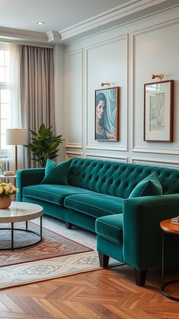 A stylish emerald velvet sofa in a modern living room with wooden flooring and decorative elements.
