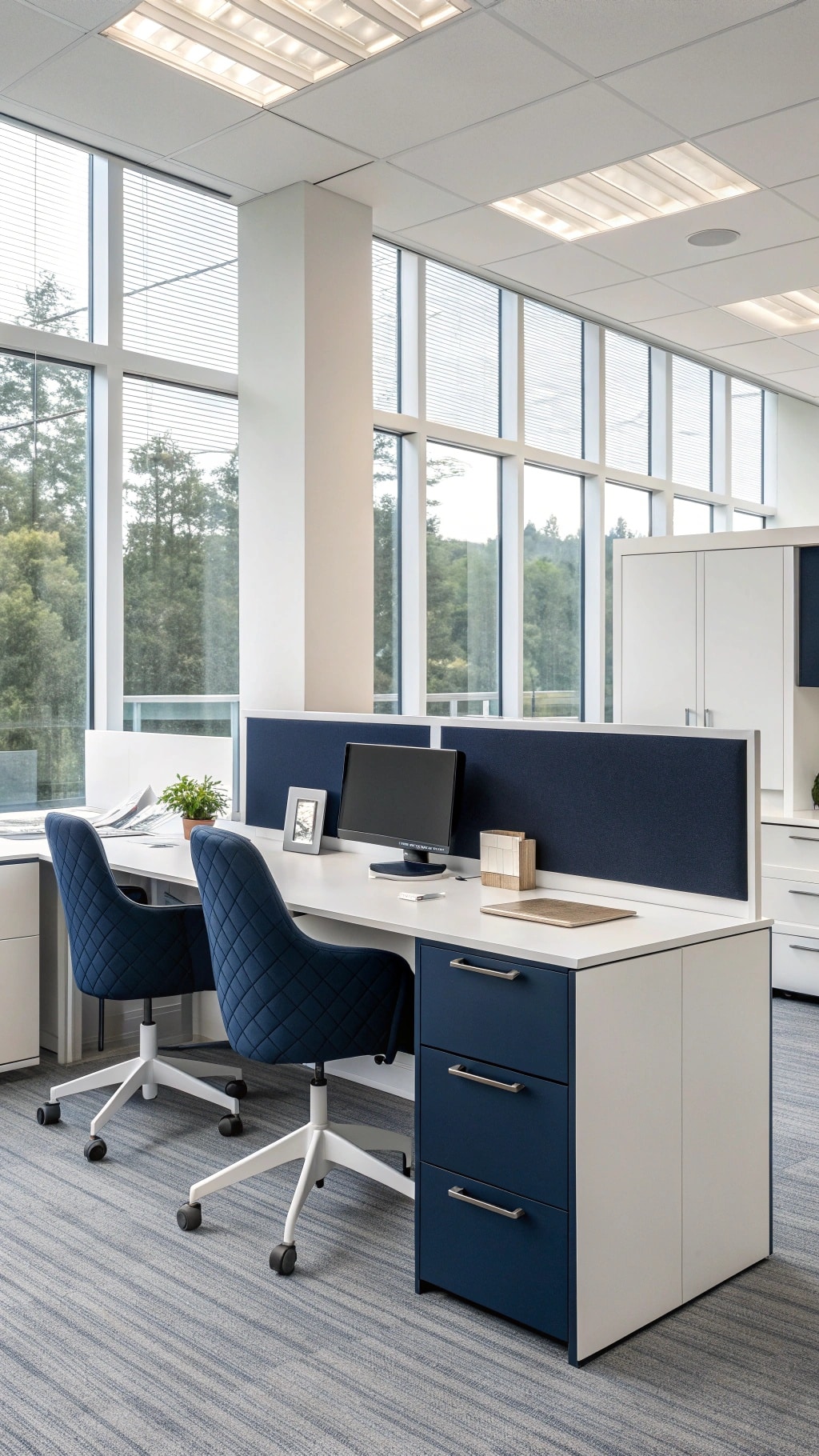 Modern office with navy blue and white color scheme, featuring a desk, chairs, and large windows.