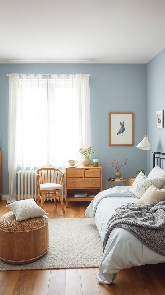 A serene light blue bedroom featuring Scandinavian design elements, including wooden furniture and soft textiles.